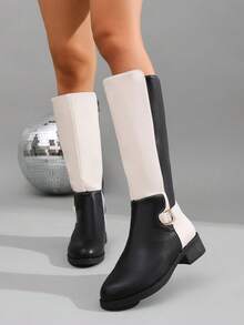Black & White Colorblock PU Round Toe Low Chunky Heel High Shaft Riding Boots, Metal Square Buckle Strap Decor, Matte PU Leather, Black & White Contrast Patchwork, Rounded Toe, Low Square Chunky Heel, Straight High Shaft, Colorblock Shaft Design, Metal Square Buckle Strap Detail At Ankle, Rear Zipper Closure - Black and White - View 3