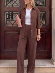 Spring/Autumn Solid Color Long Sleeve Petal Sleeve Shirt Set, Fashionable Minimalist Comfortable Skin-Friendly Essential For Home, Travel And Shopping - Brown - View 3