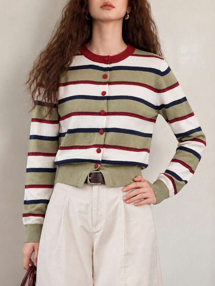 Women's Autumn/Winter Casual Minimalist Color-Block Striped Round Neck Cardigan Knit Sweater Jacket - Multicolor - View 1