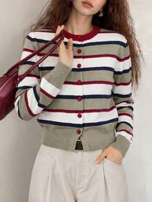 Women's Autumn/Winter Casual Minimalist Color-Block Striped Round Neck Cardigan Knit Sweater Jacket - Multicolor - View 3