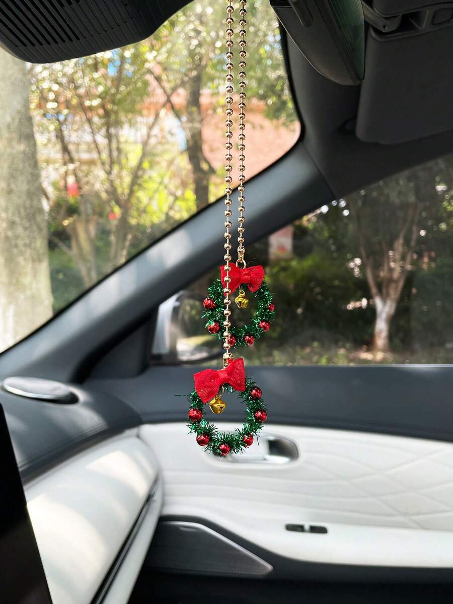 Creative Christmas Bell Wreath Car Hanging Ornament, Christmas Atmosphere Car Interior Decor, Rearview Mirror Hanging Ornament, Car Interior Decoration, Small Gift - A - View 1