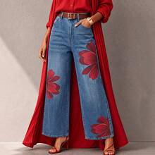 Vintage Floral Print Denim Long Pants, Classic Wide Leg Loose Fit Jeans For Women - Medium Wash - View 7
