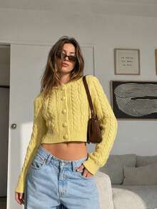 VINOVA Women's Autumn/Winter Y2K Button-Up Cardigan Sweater, Long Sleeve, 2026 Back To School, Holiday Outfit, Casual Outing Top, Christmas, Effortless Elegant Style - Yellow - View 8
