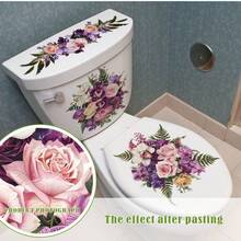 1pc European Floral Toilet Decor Sticker, Purple Rose & Orchid Bouquet Bathroom Toilet Seat Self-Adhesive Beautification Sticker - Multicolor - View 5