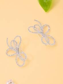 1 đôi bông tai móc tai nơ mới thiết kế độc đáo đính đá rhinestone, phụ kiện tiệc đa năng - Bạc - Xem 3