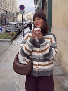Women's Colorblock Striped Cardigan, Round Neck Button Sweater Top, Suitable For Halloween, Thanksgiving And Christmas Outfits - Grey - View 3
