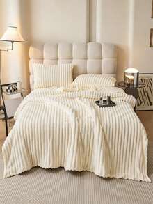 1pc Wide Striped Magic Flannel Fleece Skin-Friendly Soft Comfortable Bed Blanket Throw, Suitable For Bedroom Guest Room, Machine Washable, All Season Use - Off-white - View 7