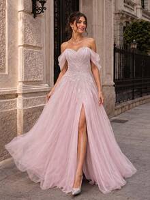 VIPGIRL New Elegant Off Shoulder Mesh Slit Luxury Evening Dress - Pink - View 4