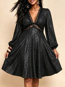 Women's Plus Size Black Silver Glitter Party Dress - Black - View 4
