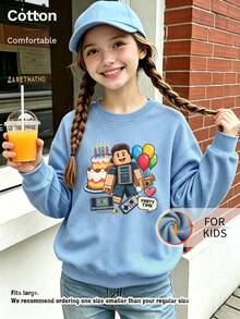 Kids Crew Neck Sweatshirt, Party Time Pixel Character Birthday Cake Balloon Game Console Graphic Print Thick Fleece Lined Pullover For Kids - Blue - View 2
