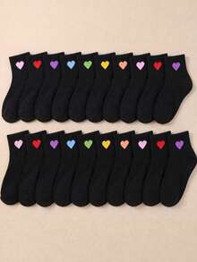 10 Pairs Kids Random Solid Color Heart Mid-Calf Socks, Colorful Heart Pattern, Ribbed Elastic Cuff, Soft And Breathable, Cute Sweet Casual Socks, Suitable For Toddler Girls Daily Wear - Multicolor - View 2