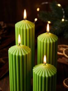 Green Striped Decorative Candle Ribbed Textured Aesthetic Wax Candles For Christmas Holiday Decor, Warm Silent Style Home Atmosphere, Minimalist Decorative Candle Centerpiece Christmas Present Decorations Gift For Woman Winter Gift - Green Cone-shaped Pillar Candle - View 6