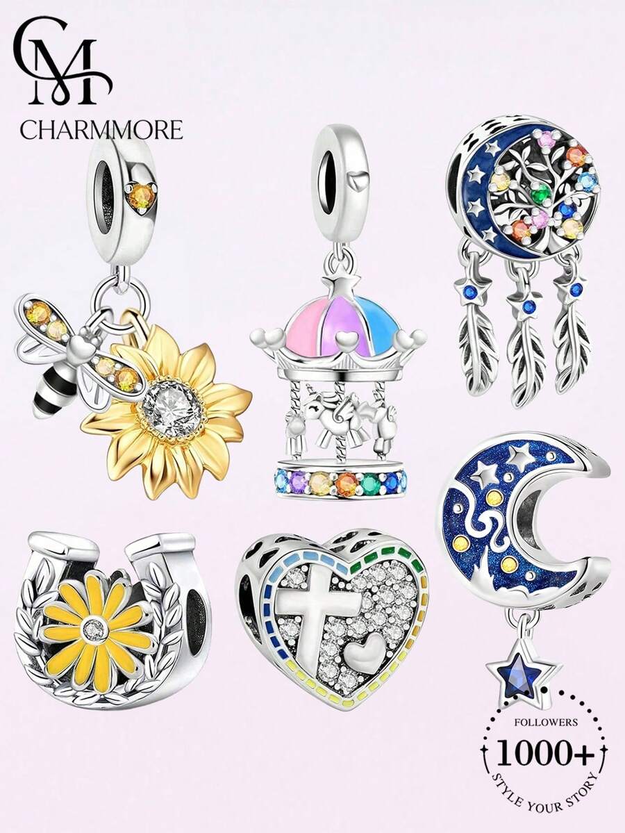 1pc Sunflower & Bee Pendant, Suitable For Women's Bracelet, Bangle DIY Jewelry Making And Daily Wear Accessories - Silver - View 1