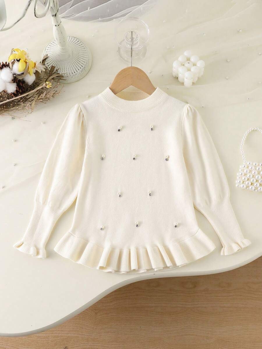 Atasan Rajut Burgundy untuk Anak Perempuan dengan Kerah Lipat, Hiasan Paku Keling dan Manik-manik, Atasan Sweater Serbaguna Model Tali Kepang untuk Anak Perempuan - Aprikot - View 1