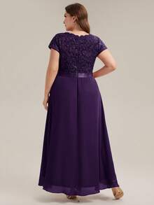 EVERPRETTY Plus Size Mother Of The Bride V-Neck Sequin Lace Chiffon Patchwork Slit High-Low Hem Wedding Guest Evening Gown Suitable For Wedding Semi-Formal Dinner Graduation Ceremony Party Homecoming Dance - Purple - View 4