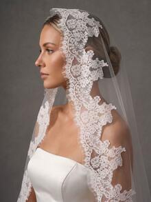 1 Pc Mantilla Wedding Veil Fingertip Cathedral Length Soft French Lace Bridal Veil With Invisible Metal Comb For Brides - Multicolor - View 1