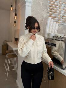 FOR BEAUTY Fall Winter Women Sweaters Y2K Ivory Zip Up Cable Knit Sweater Cropped Cardigan Jacket Tops Soft Chic Aesthetic Vacation Streetwear - Light Apricot - View 2