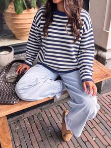 Casual Fall Clothes For Women Fashionable Crew Neck Color Block Striped Long Sleeve Knit Pullover - Royal Blue - View 8