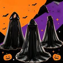 1pc High Quality Halloween Carnival Double Layer Mesh Transparent Hooded Cape Witch Costume Vampire Bride Solid Color Cloak For Adults - Multicolor - View 7