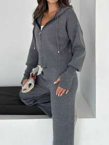 Knitwear Two Pieces; Cozy Ribbed Knit Co-Ords Ribbed Two Pieces Set– Long Sleeve Pullover And Relaxed Wide-Leg Pants Knit Two Pieces,Autumn/ Winter - Grey - View 3