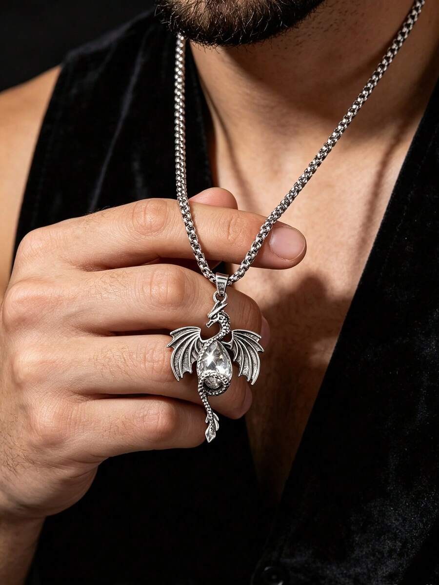 1pc Fashion European & American Vintage Hip-Hop Creative Cartoon Dragon Wing Pendant Necklace, Suitable For Men's Daily, Party, Street Wear - Multicolor - View 1