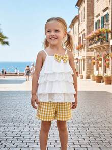 Vihyde Young Girls Cute Ruffle Lace Bow Camisole & Shorts Vacation 2 Pieces Set - Yellow - View 7