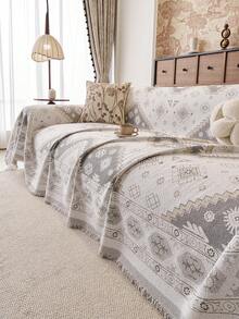 1pc Bohemian Geometric Tassel Sofa Throw, Universal Full Coverage Sofa Cover, Machine Washable Pet-Friendly Furniture Protector, Suitable For Living Room - Grey - View 3