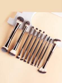 10pcs Dual-Ended Makeup Brush Set, Gradient Soft Bristles, Gentle And Skin-Friendly, No Prickling, Moderate Powder Pickup, No Flying Powder, Suitable For Home Daily Makeup, Beginner Makeup Practice Tools - Multicolor - View 7
