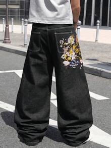LIYS Men's Baggy Wide Leg Jeans Vintage Black Denim With Colorful Floral Embroidery - Black - View 1