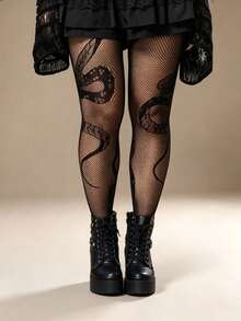 1 Pair Plus Size Black Fishnet Stockings, Snake Skin Jacquard, Sexy Elegant Reptile Pattern, Fishnet Socks, Daily Wear - A1118 Snake Black - View 5