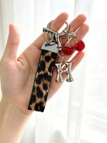 26 Alphabet Car Keychains, Silver Letter Zinc Alloy Accessories, Leopard Print Cherry Pendant, PU Rope Car Lock Key Fob, Car Remote Control Hanging Decoration, Bag Decoration Pendant, Car Key Ring, Key Chain Key Accessories. Holiday Gift, - Letter - View 19