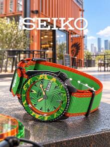 Seiko Men's Sports Automatic Watch Street‑Style Green‑Yellow Crackle‑Pattern Bezel Swirl‑Textured Dial Day‑Date Window Green‑Red Striped Nato Strap - Green - View 6