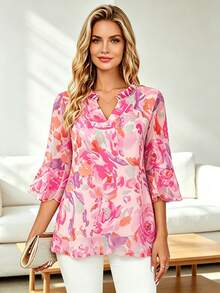 CheersLife Women's Fashion Double-Layer Mesh Blouse, 3/4 Ruffle Flare Sleeve Shirt Vacation Spring - Watermelon Pink - View 1