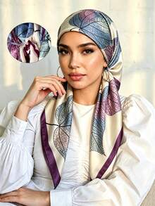 1pc Women Leaf Vein Print Satin Ready‑To‑Wear Hijab, Built‑In Inner Cap Elastic Headscarf, Modest Muslim Fashion Head Wrap For Daily & Prayer Wear - Purple Leaves - View 1