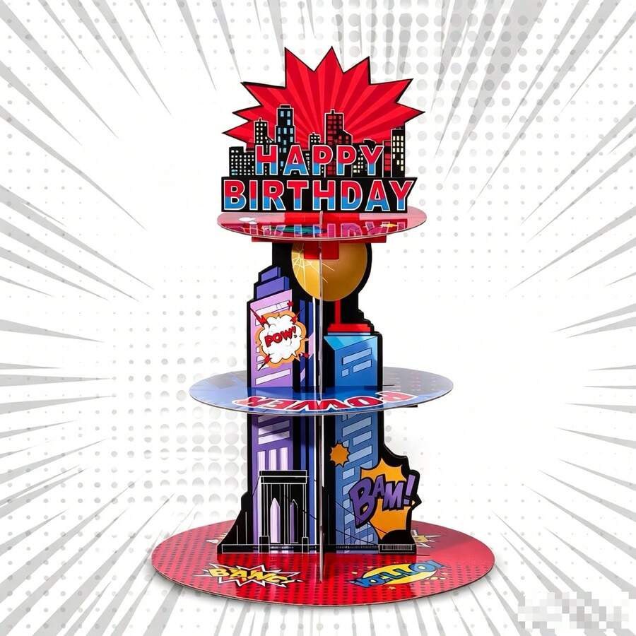 Rak Cupcake 3 Tingkat Bertema Superhero Kartun, Menara Pajangan Bertema Kota dengan Tulisan Selamat Ulang Tahun, Cocok untuk Dekorasi Meja Pesta Ulang Tahun Bertema Komik - MultiWarna - View 1