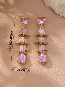 1 Pair Vintage Bell Flower Dangle Earrings, Gold Plated Layered White Enamel With Pink Heart Teardrop Rhinestone Drop Earrings For Women - Multicolor - View 2