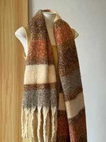 1pc British Style Caramel Plaid Scarf Winter New Mohair Warm Neck Warmer Shawl - Rust - View 3