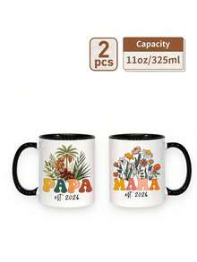 Papa Mama Est 2026 Coffee Mug Set, New Parents Floral Graphic Ceramic Cups, Pregnancy Announcement Gift For Expecting Mom Dad Baby Shower Present - Multicolor - View 12
