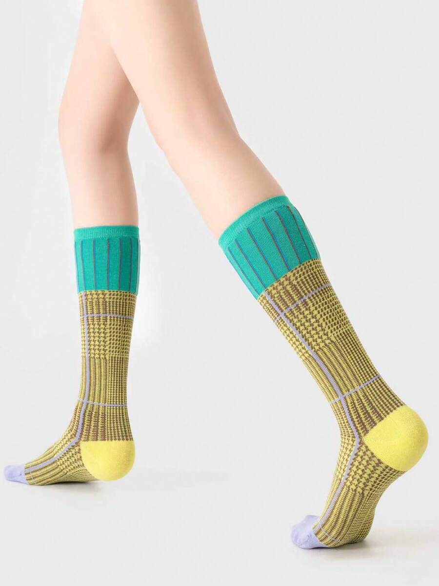Striped Mid-Calf Socks For Girls, Retro Colorblock Design, Ins Versatile Sports Socks, Contrast Color Long Tube Socks - Multicolor - View 1