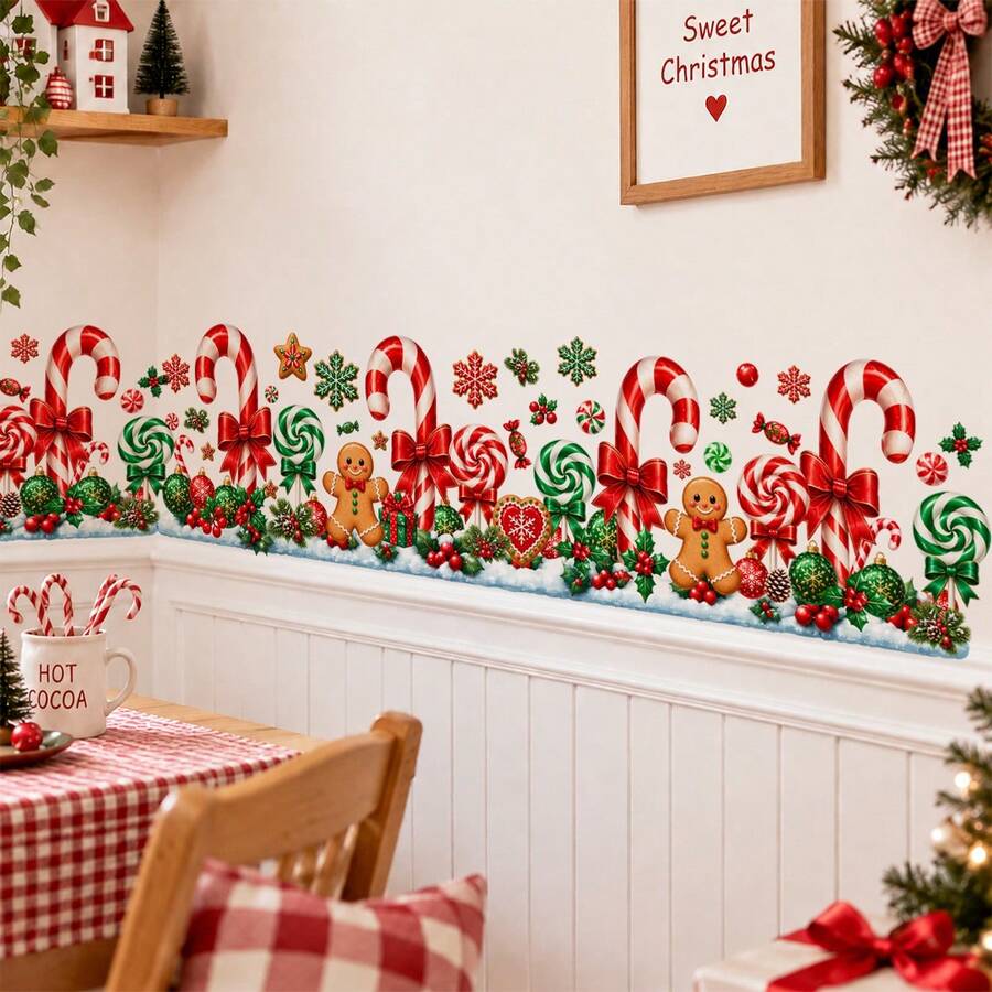 Christmas Garland Wall Decal Holiday Border Sticker Pine Branch Red Bow Kitchen Cabinet Wall Decor Xmas Decoration For Kitchen Island Mantel Fireplace Dining Room - Christmas Wall Decals - View 1