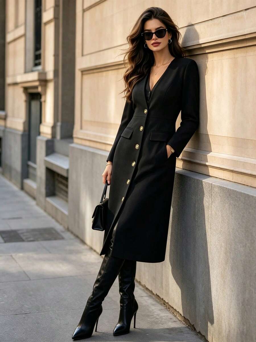 DONICY Women Elegant V‑Neck Blazer, Gold Button Front Long Sleeve Fall Office Midi Outerwear - Black - View 1
