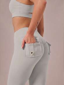6pecil High Waist Flared Yoga Pants With Pockets, Ruched Butt Flared Pants, Tummy Control Anti-Wrinkle Design Sports Flared Pants, Autumn Outfit - Light Grey - View 8