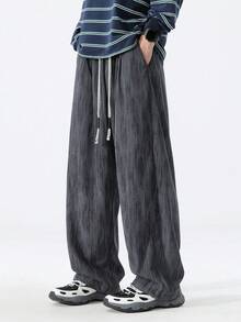 Men's American Street Style Crinkled Texture Pants, Plus Size Elastic Waist Drawstring Loose Straight Leg Casual Trousers - Grey - View 3