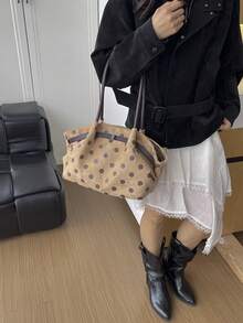 女款時尚百搭單肩通勤包，秋冬新款，學生辦公大容量托特包，仿麂皮購物包 - 卡其色 - 查看 5
