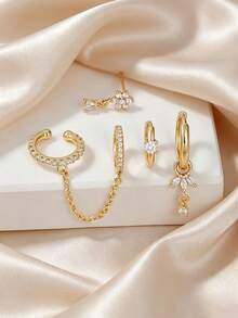 4pcs Delicate Small Cubic Zirconia Flower Earrings Set, Fashionable Accessory For Dating, Gathering, Party Layering - Yellow Gold - View 2