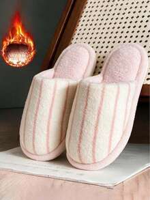 Women's Casual Minimalist Japanese Style Striped Slippers, Autumn/Winter Indoor Home Warm Cozy Plush Slides - Pink - View 9