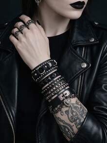 1/3/4Pcs PU Bracelet For Men,Punk Adjustable Multilayer Black Leather Cuff Heart Pendant Bangle Studded Chain Wrist Punk Sports Rock Bracelet - Multicolor - View 8