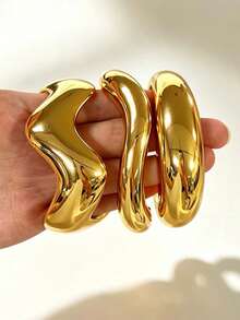 3/1pc Vintage Elegant Old Money Style Golden Geometric Twisted Wide Cuff Bracelet Set, CCB Casual Open Design, Suitable For Women's Daily Wear - Yellow Gold - View 3