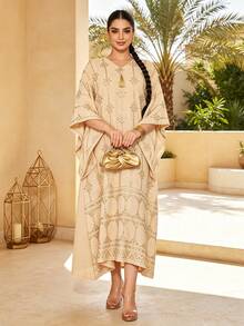 Intricate Embroidered Arabic Women's Dress 2026 Summer Autumn Apricot Elegant Saudi National Day Dress, JALABIYA Tassel V-Neck, Casual Travel Outfit - Apricot - View 5