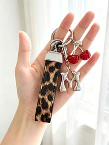26 Alphabet Car Keychains, Silver Letter Zinc Alloy Accessories, Leopard Print Cherry Pendant, PU Rope Car Lock Key Fob, Car Remote Control Hanging Decoration, Bag Decoration Pendant, Car Key Ring, Key Chain Key Accessories. Holiday Gift, - Letter - View 8